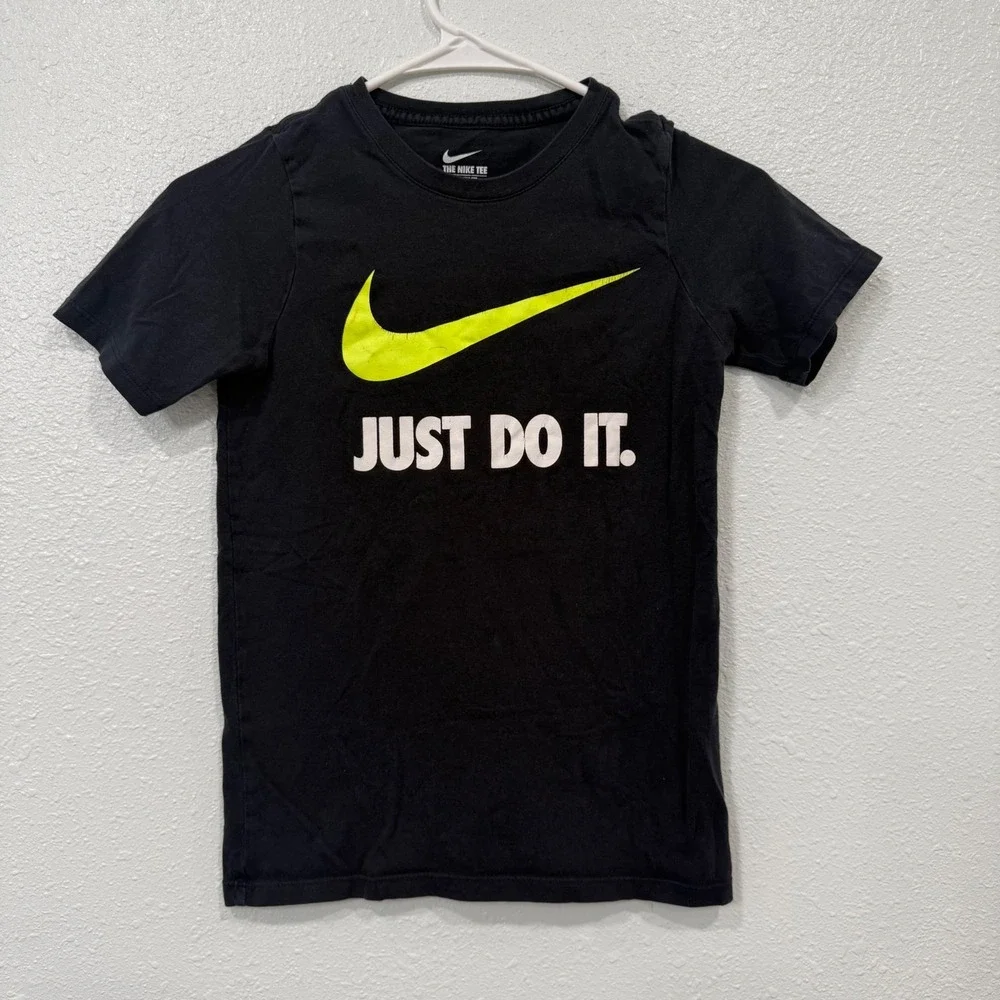 Nike‎ Kids Just Do It Swoosh Logo Graphic T-Shirt Black Neon Yellow Small S